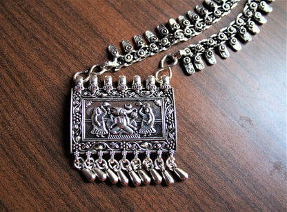 Silver Oxidized Necklace with Ganesha Rectangular Pendant - GlitterGleam