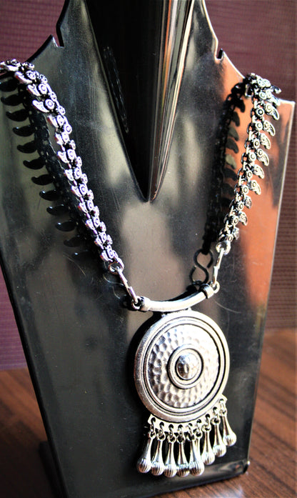 Silver Oxidized Necklace with Circular Boho Pendant - GlitterGleam