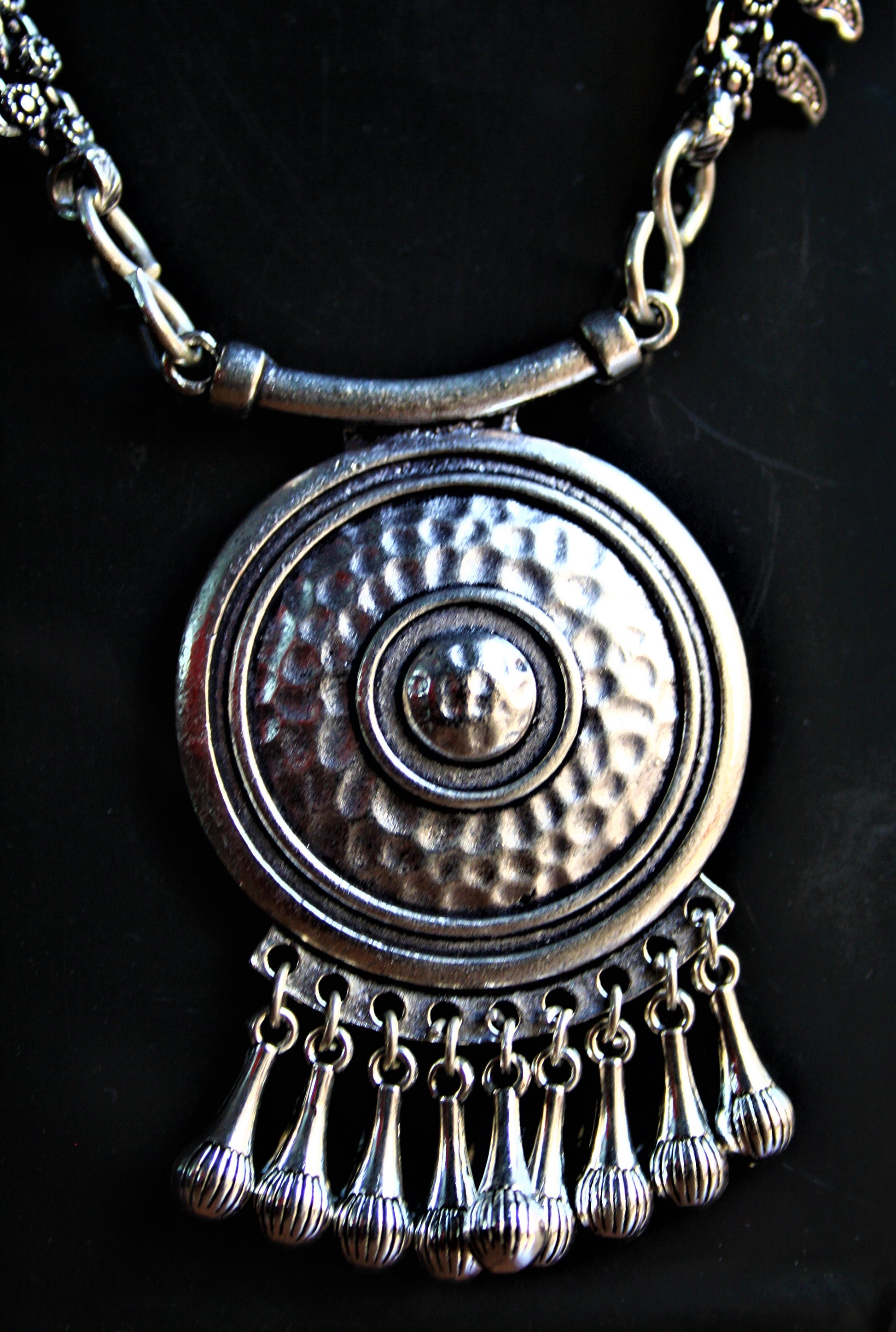 Silver Oxidized Necklace with Circular Boho Pendant - GlitterGleam