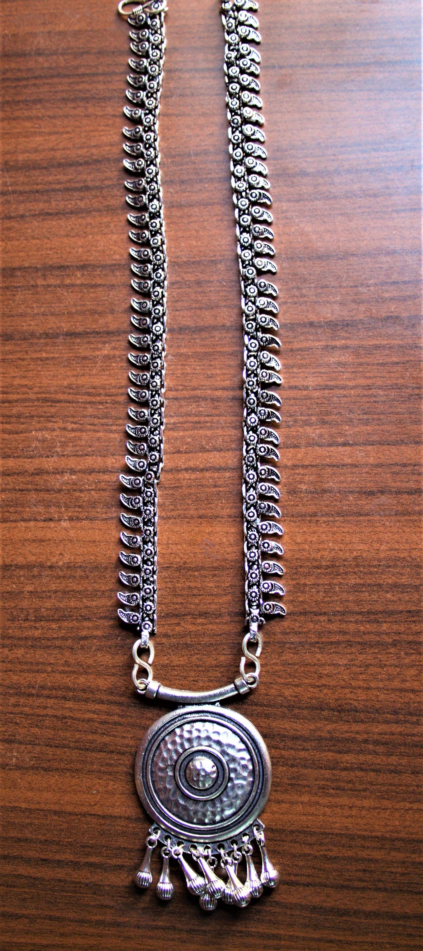 Silver Oxidized Necklace with Circular Boho Pendant - GlitterGleam