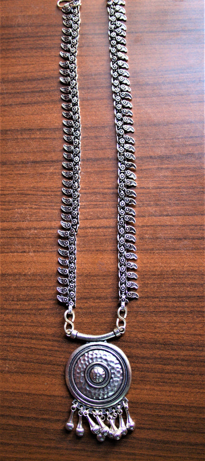 Silver Oxidized Necklace with Circular Boho Pendant - GlitterGleam