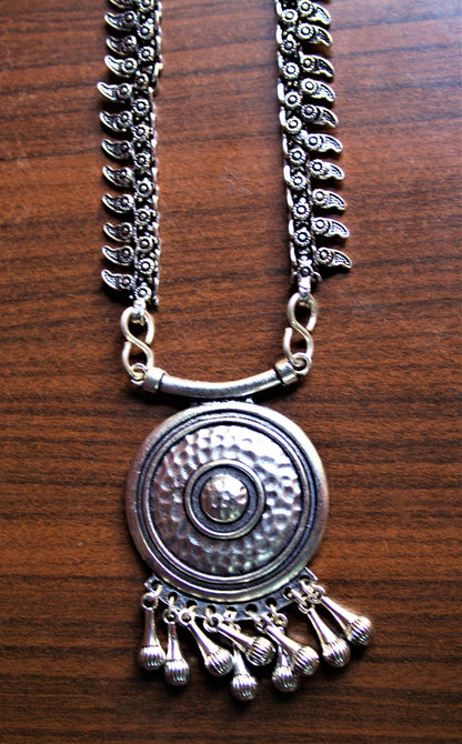 Silver Oxidized Necklace with Circular Boho Pendant - GlitterGleam