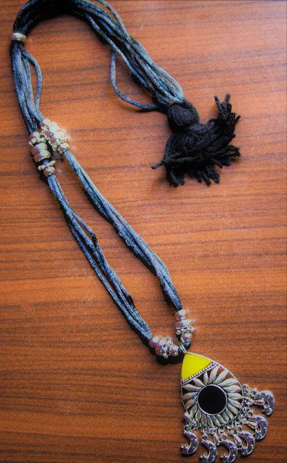 Thread Necklace with Silver Oxidized Beaded Pendant - GlitterGleam