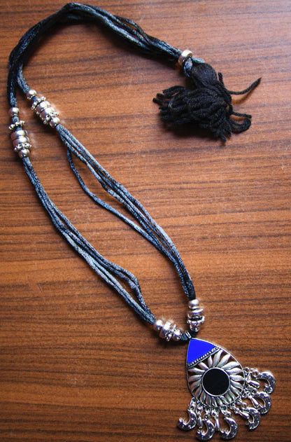 Thread Necklace with Silver Oxidized Beaded Pendant - GlitterGleam