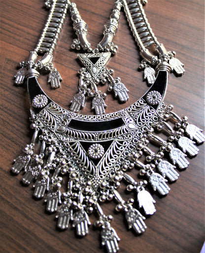 Long Double Layered Black Silver Oxidized Tribal Necklace with Earrings - GlitterGleam