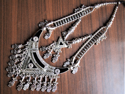 Long Double Layered Black Silver Oxidized Tribal Necklace with Earrings - GlitterGleam