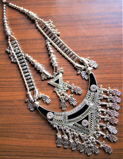 Long Double Layered Black Silver Oxidized Tribal Necklace with Earrings - GlitterGleam