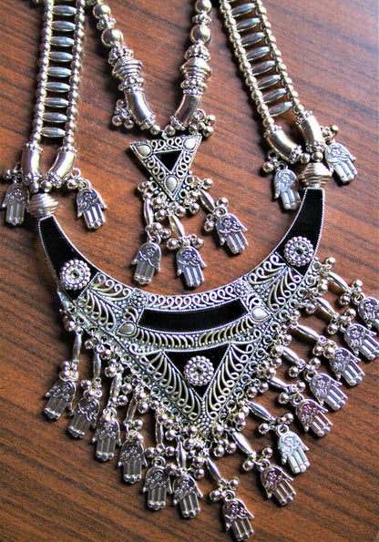 Long Double Layered Black Silver Oxidized Tribal Necklace with Earrings - GlitterGleam
