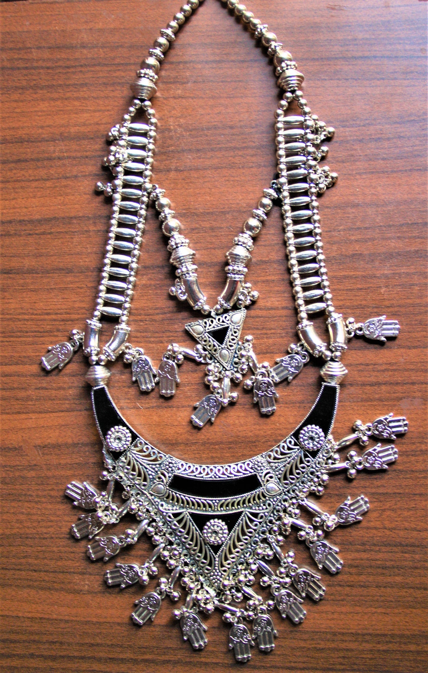 Long Double Layered Black Silver Oxidized Tribal Necklace with Earrings - GlitterGleam