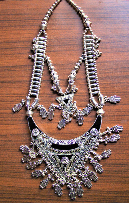 Long Double Layered Black Silver Oxidized Tribal Necklace with Earrings - GlitterGleam