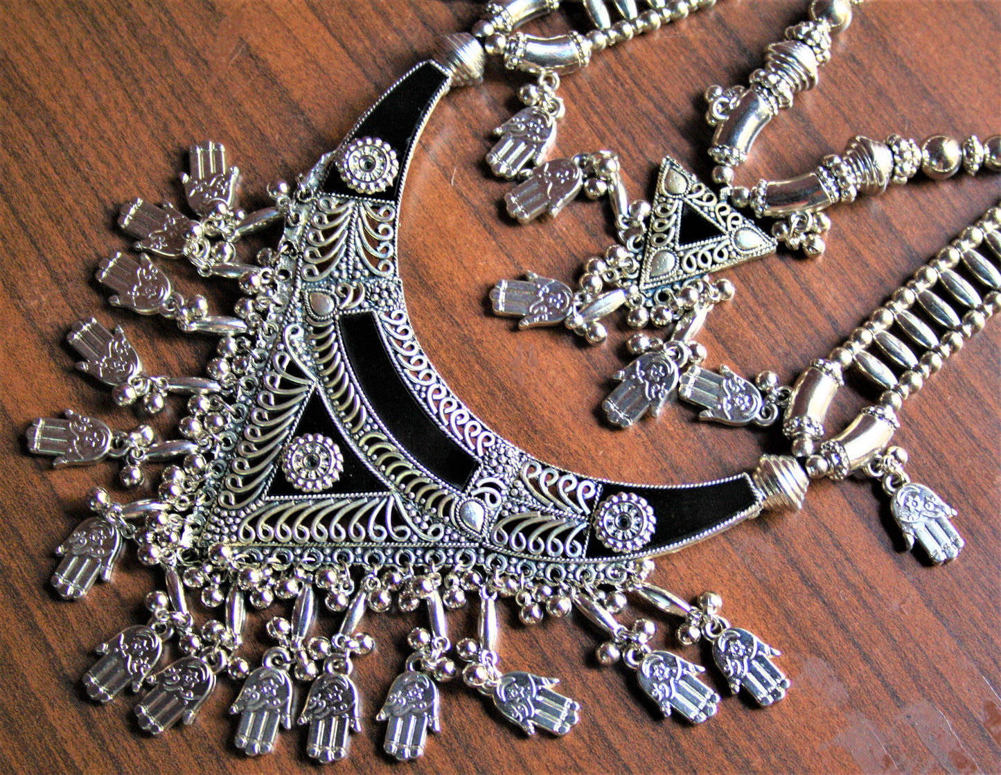 Long Double Layered Black Silver Oxidized Tribal Necklace with Earrings - GlitterGleam
