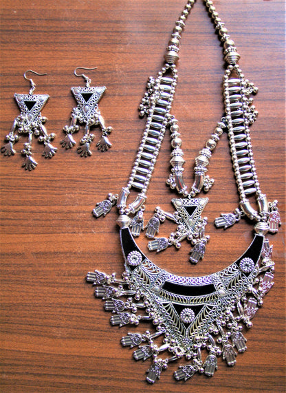 Long Double Layered Black Silver Oxidized Tribal Necklace with Earrings - GlitterGleam