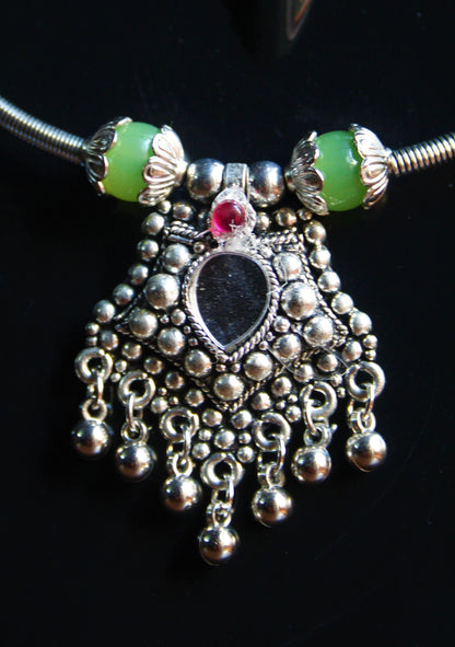 Traditional Choker Necklace with Mirror Pendant and Earrings - GlitterGleam