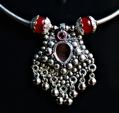 Traditional Choker Necklace with Mirror Pendant and Earrings - GlitterGleam