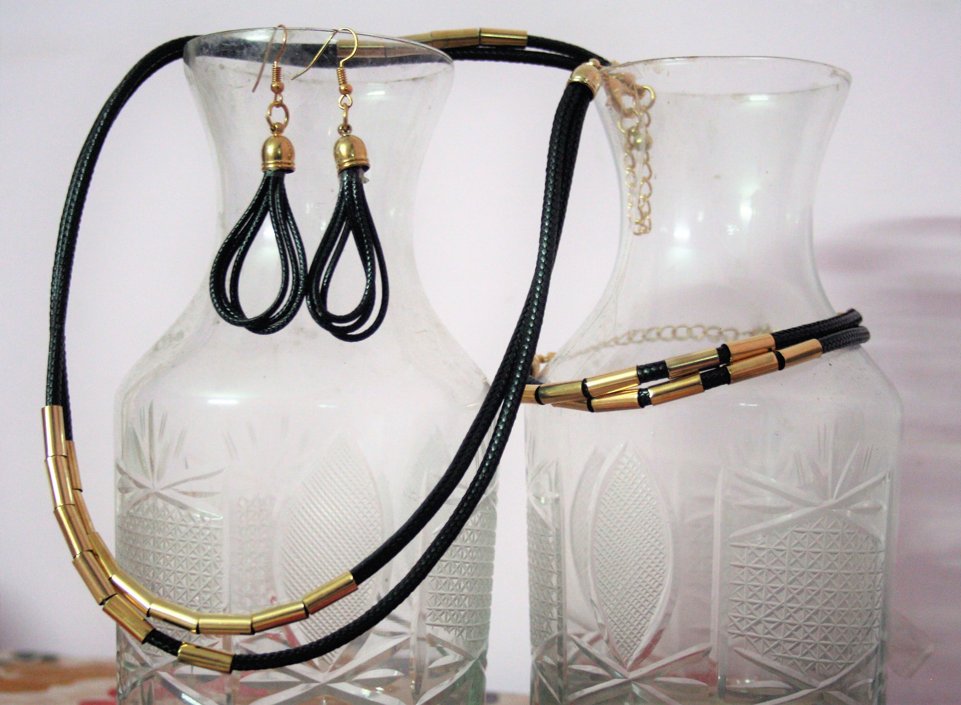 Combo of Leather String Golden Bead Necklace With Earring & Bracelet - GlitterGleam