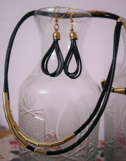 Combo of Leather String Golden Bead Necklace With Earring & Bracelet - GlitterGleam