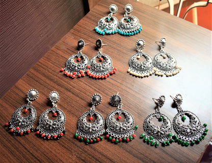 Large Silver Oxidized Boondi Stud Earings with Colored Beads - GlitterGleam