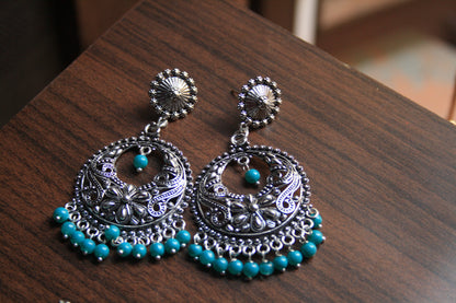 Large Silver Oxidized Boondi Stud Earings with Colored Beads - GlitterGleam