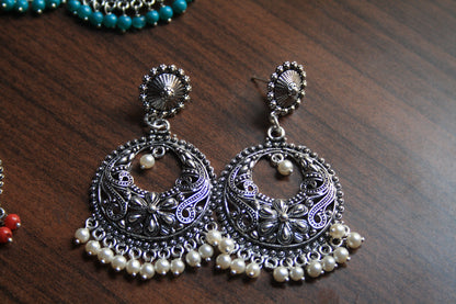 Large Silver Oxidized Boondi Stud Earings with Colored Beads - GlitterGleam