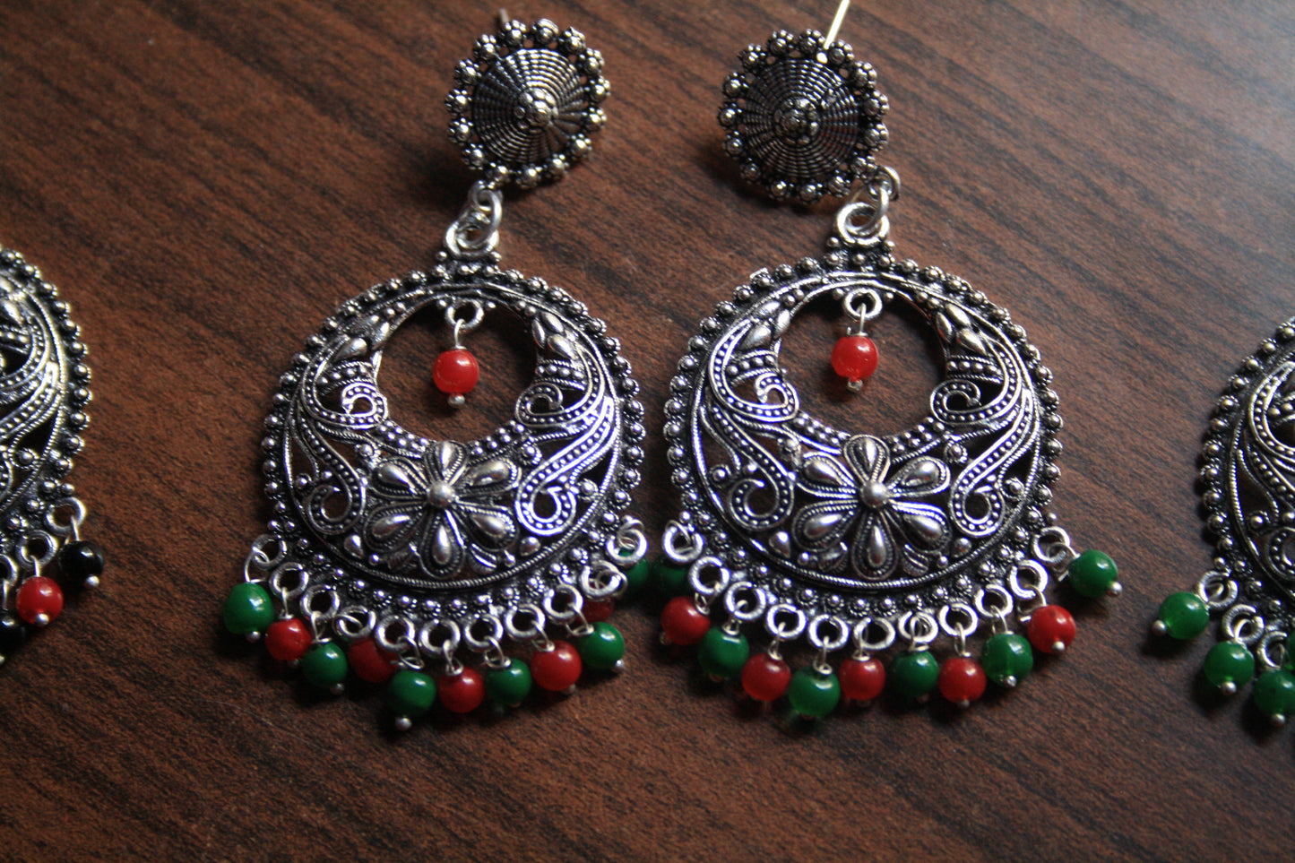 Large Silver Oxidized Boondi Stud Earings with Colored Beads - GlitterGleam