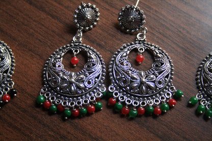 Large Silver Oxidized Boondi Stud Earings with Colored Beads - GlitterGleam