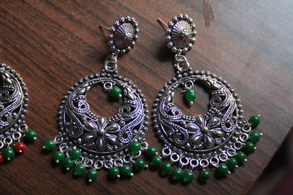 Large Silver Oxidized Boondi Stud Earings with Colored Beads - GlitterGleam