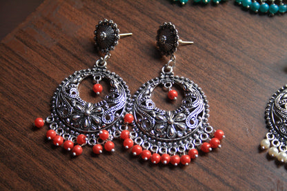 Large Silver Oxidized Boondi Stud Earings with Colored Beads - GlitterGleam