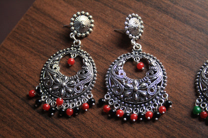 Large Silver Oxidized Boondi Stud Earings with Colored Beads - GlitterGleam