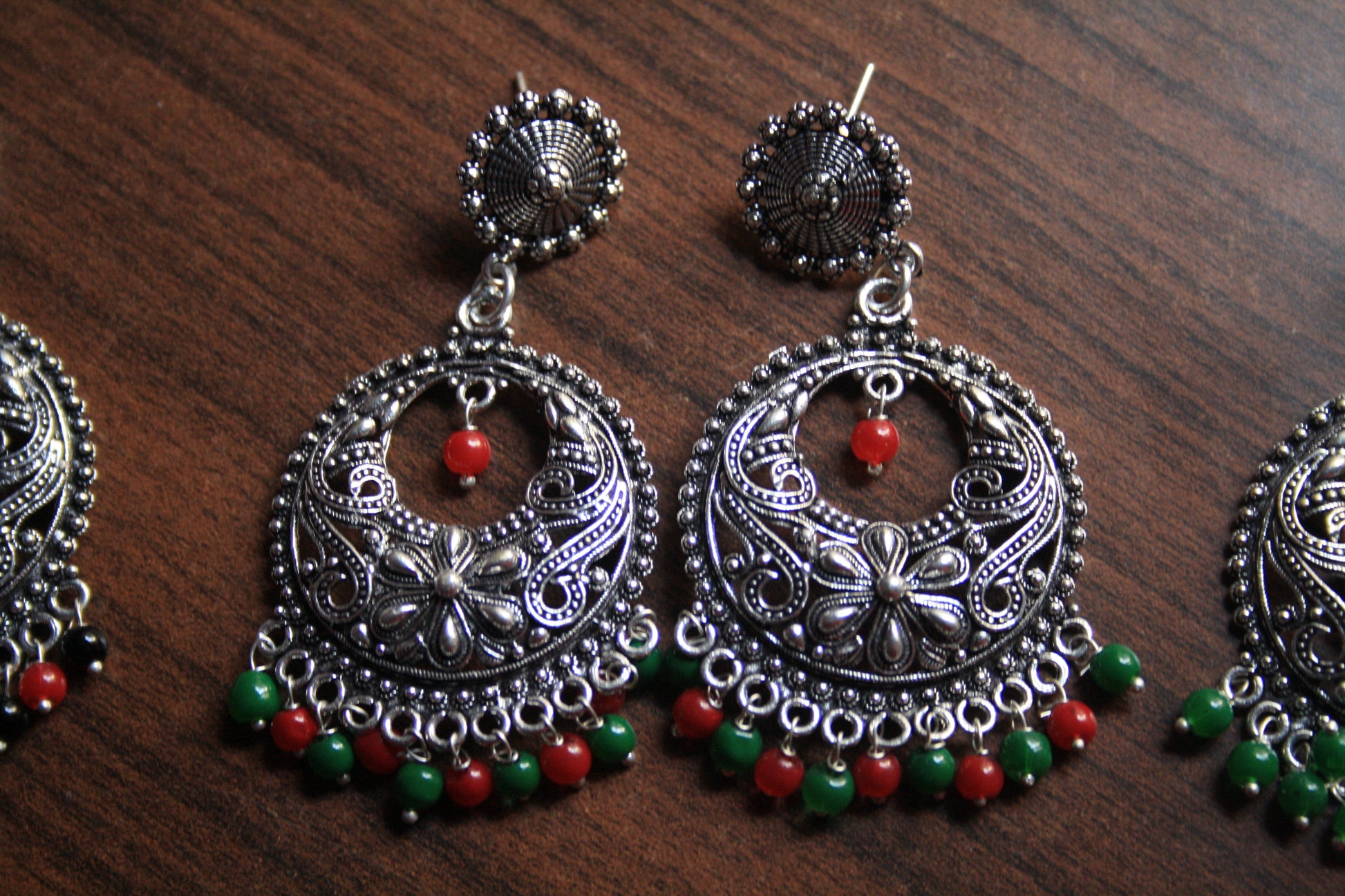 Large Silver Oxidized Boondi Stud Earings with Colored Beads - GlitterGleam