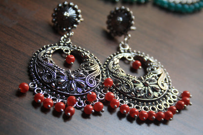 Large Silver Oxidized Boondi Stud Earings with Colored Beads - GlitterGleam