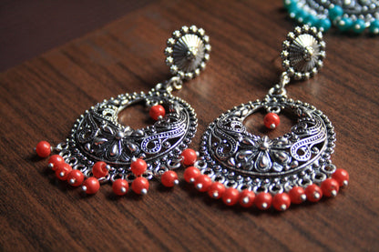 Large Silver Oxidized Boondi Stud Earings with Colored Beads - GlitterGleam