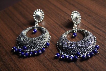 Large Silver Oxidized Boondi Stud Earings with Colored Beads - GlitterGleam