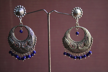 Large Silver Oxidized Boondi Stud Earings with Colored Beads - GlitterGleam