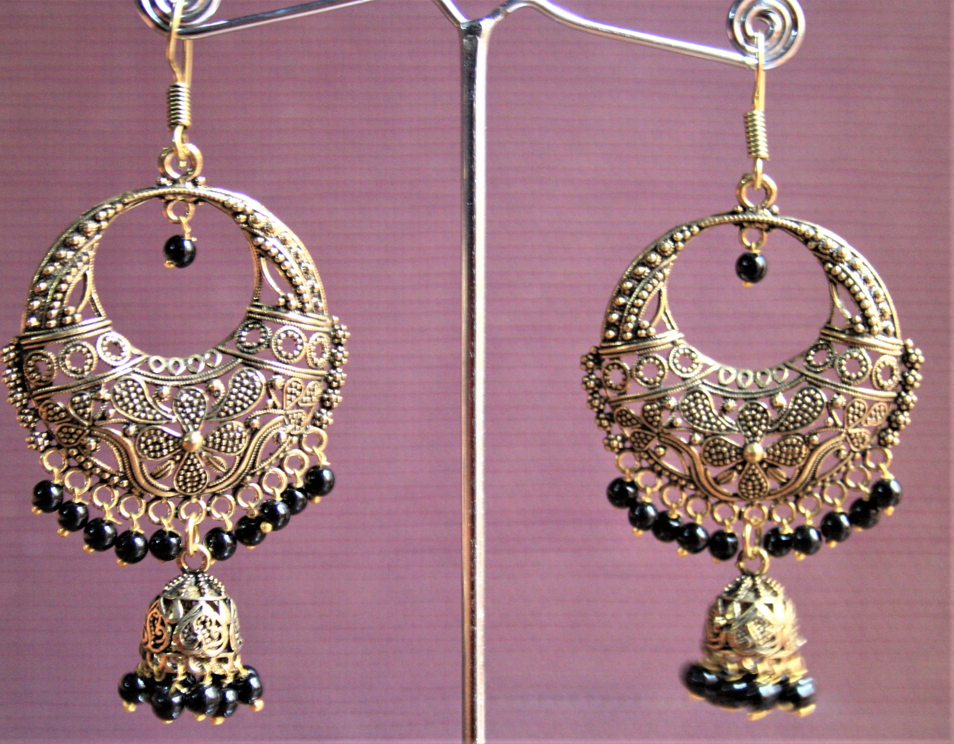 Golden Oxidized Dangle Drop Chandbali with Black Beaded Jhumkis - GlitterGleam