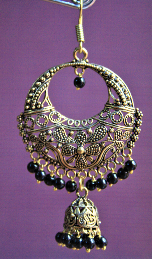 Golden Oxidized Dangle Drop Chandbali with Black Beaded Jhumkis - GlitterGleam