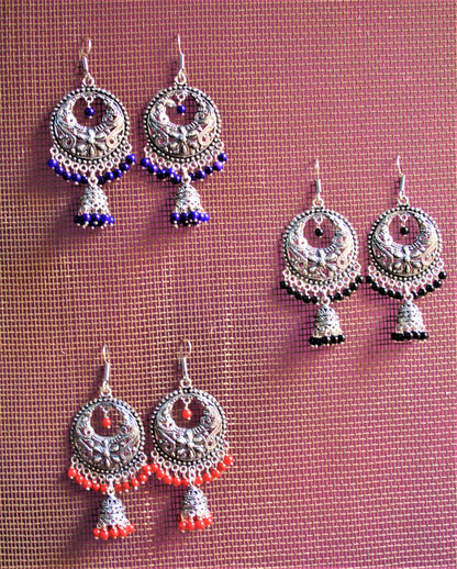 Silver Oxidized Hook Chandbalis with Beads and Jhumki - GlitterGleam