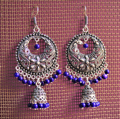 Silver Oxidized Hook Chandbalis with Beads and Jhumki - GlitterGleam