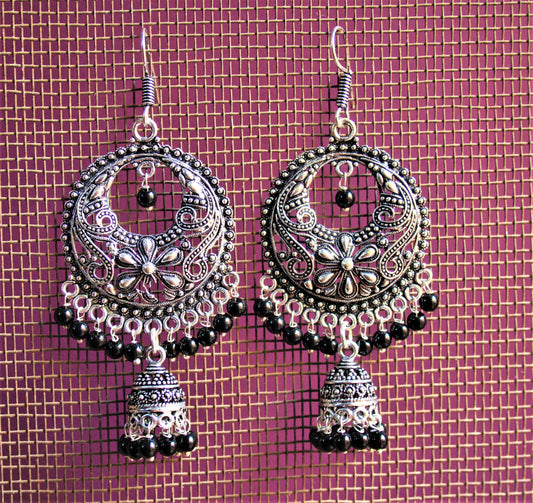 Silver Oxidized Hook Chandbalis with Beads and Jhumki - GlitterGleam