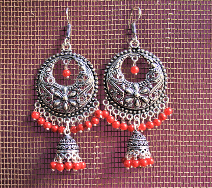 Silver Oxidized Hook Chandbalis with Beads and Jhumki - GlitterGleam