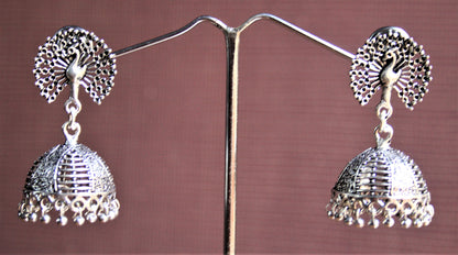 Silver Oxidized Peacock Earrings with Jhumki (Medium Size) - GlitterGleam