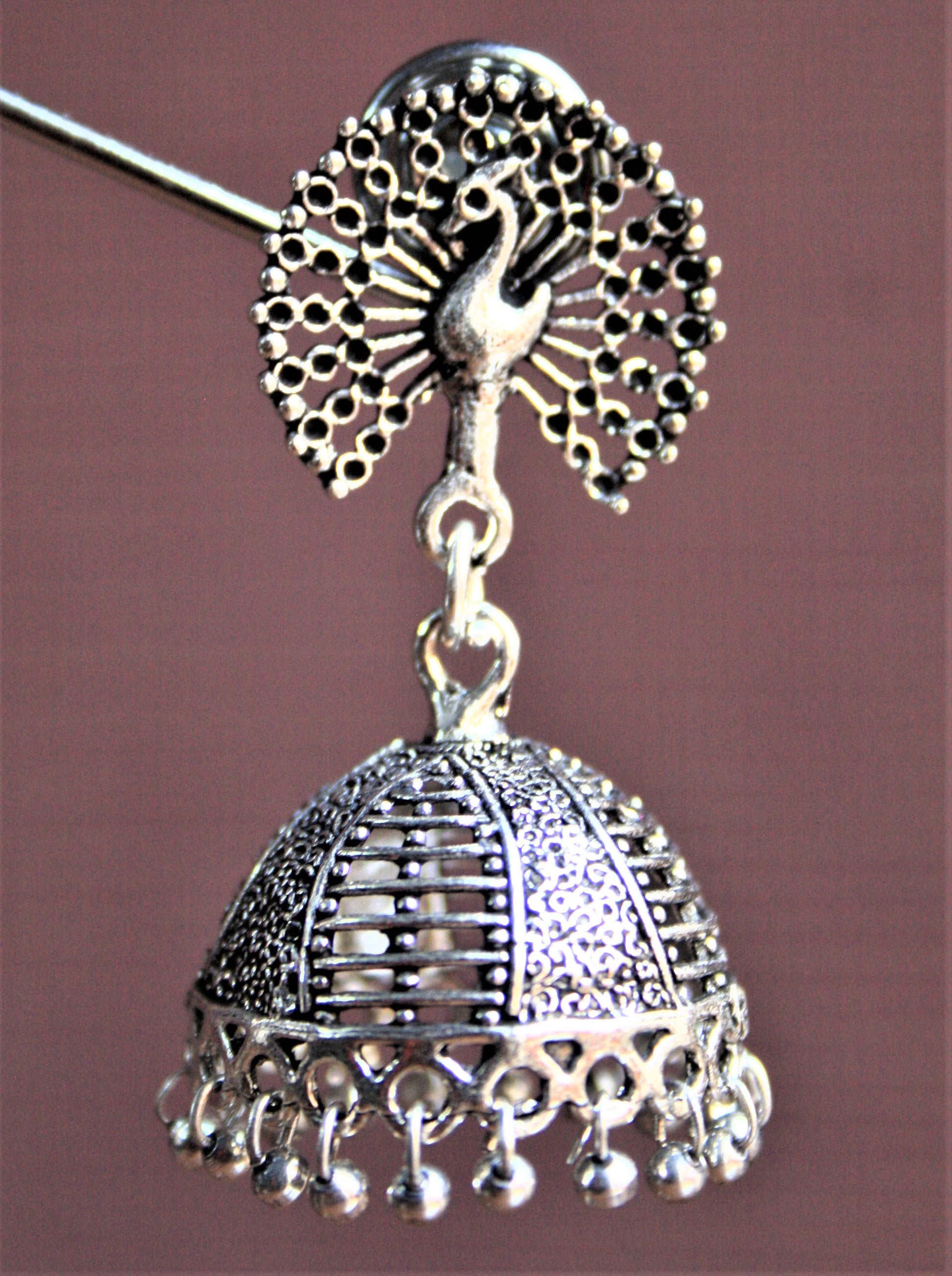 Silver Oxidized Peacock Earrings with Jhumki (Medium Size) - GlitterGleam