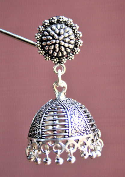 Traditional Silver Oxidized Jhumki - GlitterGleam