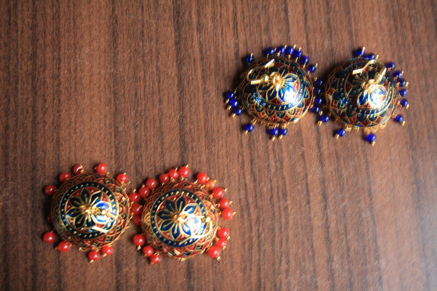 Large Meenakari Jhumkis with Colored Beads - GlitterGleam