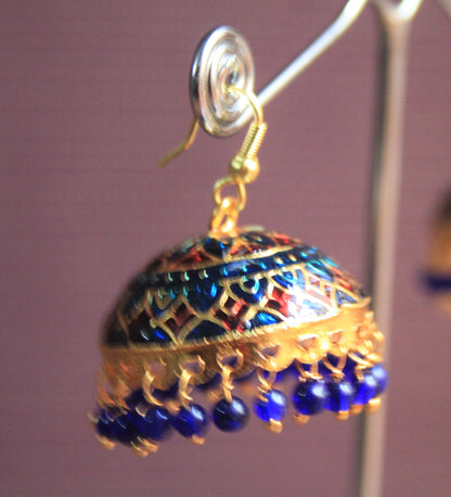 Large Meenakari Jhumkis with Colored Beads - GlitterGleam