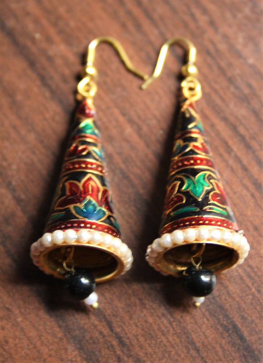 Meenakari Cone Earrings with Pearls - GlitterGleam