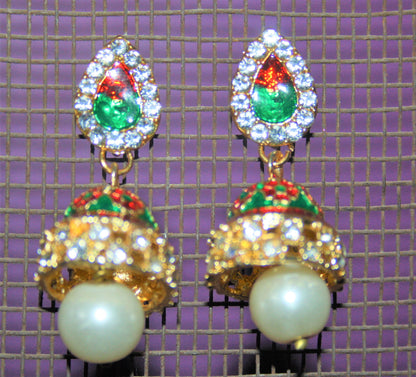 Meenakari Stud Jhumkis with Diamonds - GlitterGleam
