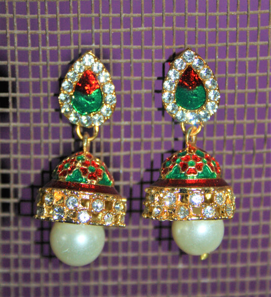 Meenakari Stud Jhumkis with Diamonds - GlitterGleam