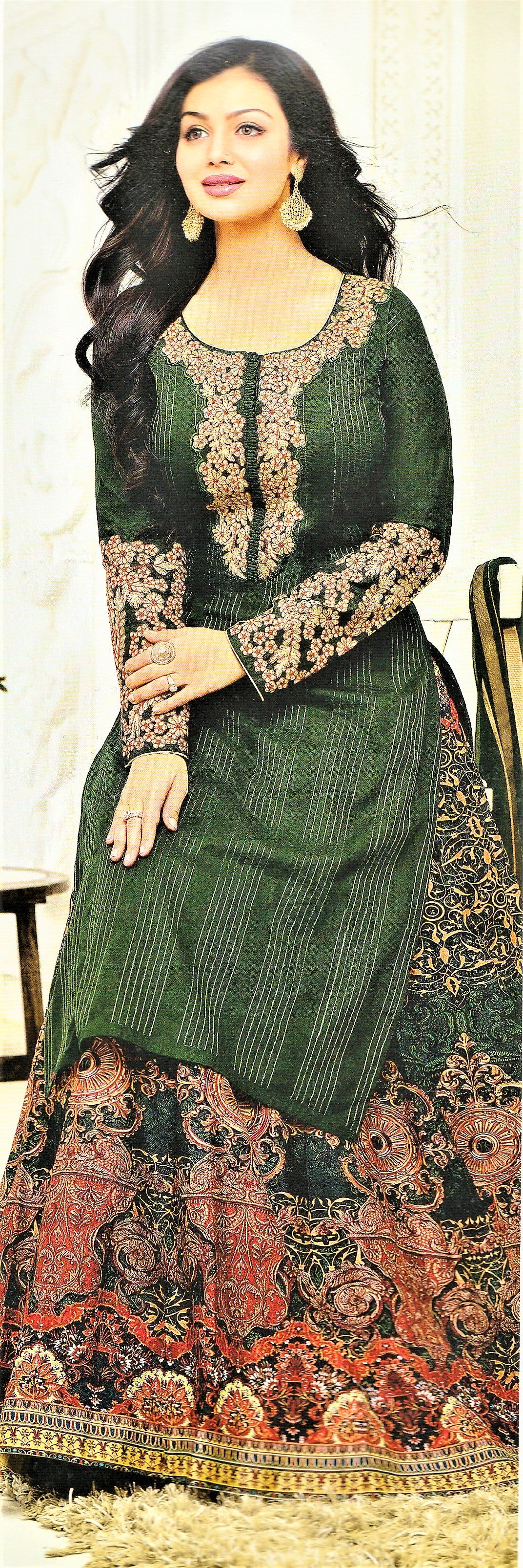 Semi Stitched Embroidered Green Lehenga Skirt cum Salwar Suit - GlitterGleam
