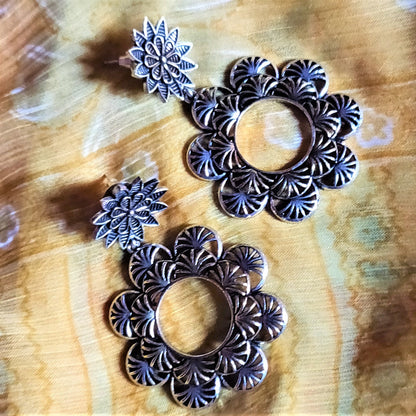 Designer German Silver Floral Carved Hanging Earrings - GlitterGleam