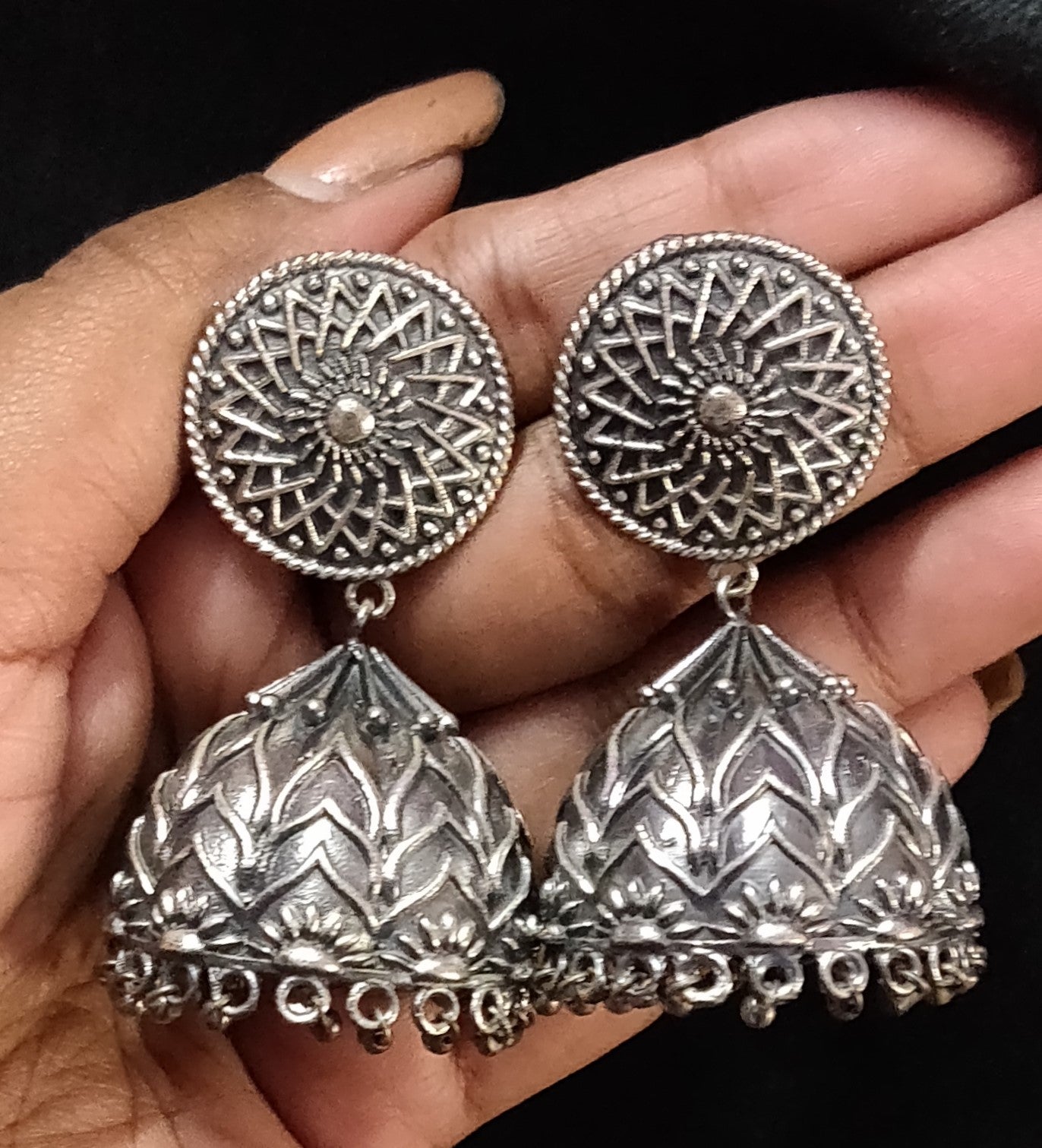 Designer Silver Surya Chakra Carved Jhumka - GlitterGleam